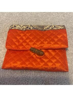 Julie Collection Orange Satin Quilted Pouch w Button, Lined